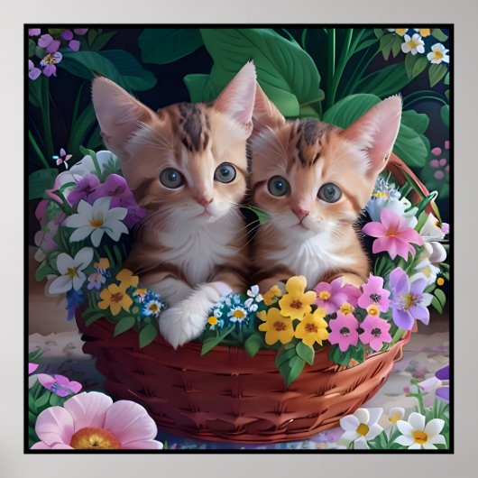 Knuffelige Schattigee Kittens in een bloemmand Poster (Voorkant)