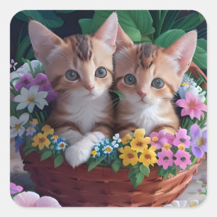Knuffelige Schattigee Kittens in een bloemmand Vierkante Sticker
