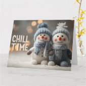 Knuffelige Sneeuwmanpoppen met Gebreide Mutsen Kaart (Gele Bloem)