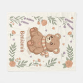 Knuffelige teddybeer bloemige aangepaste naam fleece deken (Voorkant (Horizontaal))