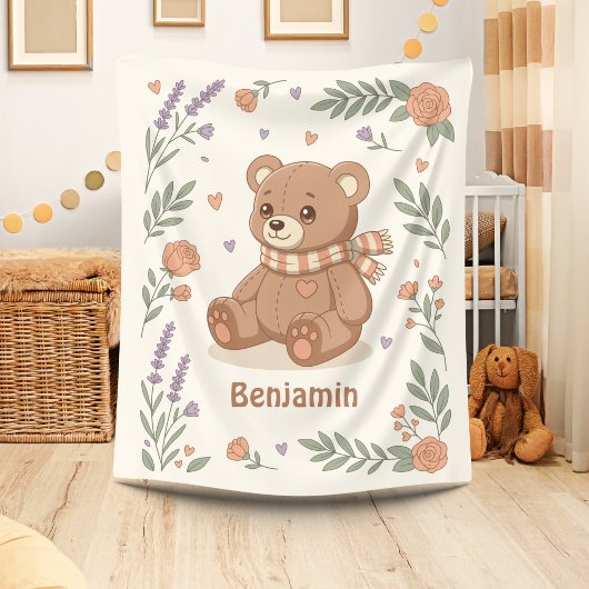 Knuffelige teddybeer bloemige aangepaste naam fleece deken