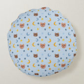 Knuffelige teddybeer en maanspatroon op blauwe gin rond kussen (Achterkant)