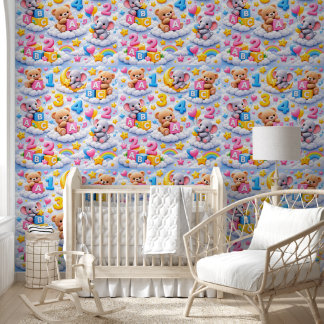 Knuffelige teddybeer en olifant ABC wolken kinderk Behang