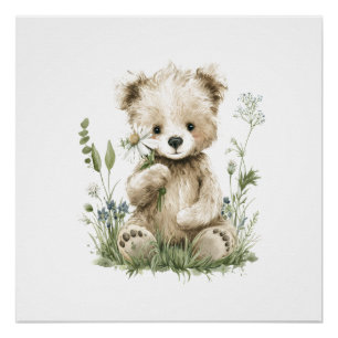 Knuffelige teddybeer in waterverf met wilde bloeme perfect poster