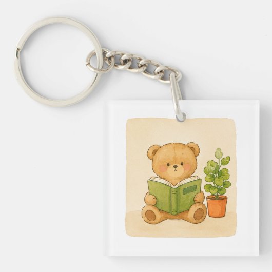 Knuffelige teddybeer leest boeksleutelhanger sleutelhanger (voorkant)