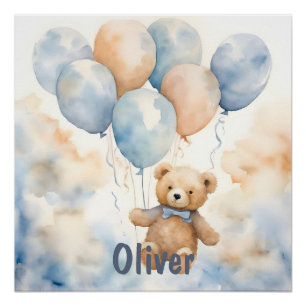 Knuffelige teddybeer met ballonnen aquarel perfect poster