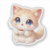 Knuffelige warme kat koffiebeker vinyl sticker (Voorkant)