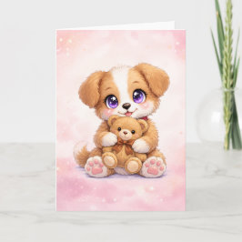 Knuffelkaart met een puppy die een teddybeer knuff kaart