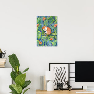 Knuffelkat Slapend Tussen Bloeiende Cactussen Aqua Poster