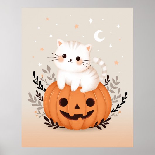 Knuffelkitten zittend op pompoen moderne Halloween Poster (Voorkant)