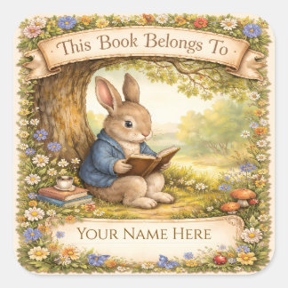 Knuffelkonijn dat een boek leest - Ex-libris Vierkante Sticker