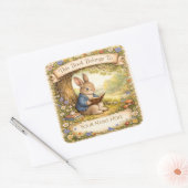 Knuffelkonijn dat een boek leest - Ex-libris Vierkante Sticker (Envelop)