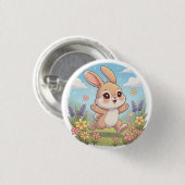 Knuffelkonijn dat huppelt in een bloemenveld ronde button 3,2 cm (Voorkant /achterkant)