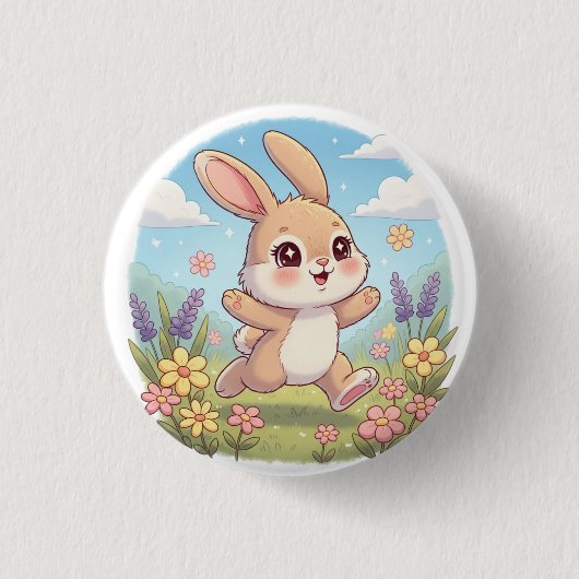 Knuffelkonijn dat huppelt in een bloemenveld ronde button 3,2 cm (Voorkant)