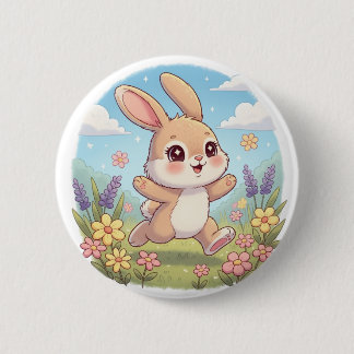 Knuffelkonijn dat huppelt in een bloemenveld ronde button 5,7 cm