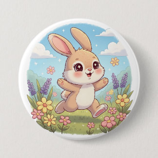 Knuffelkonijn dat huppelt in een bloemenveld ronde button 7,6 cm