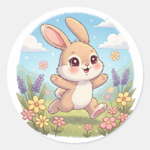 Knuffelkonijn dat huppelt in een bloemenveld ronde sticker