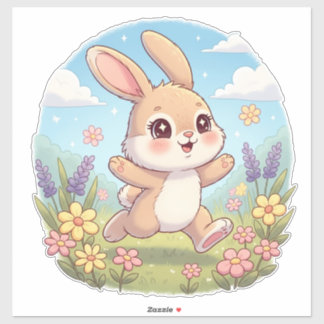 Knuffelkonijn dat huppelt in een bloemenveld sticker