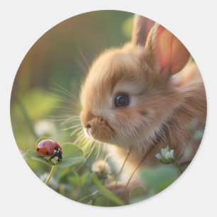 Knuffelkonijn en een lieveheersbeestje op het groe ronde sticker