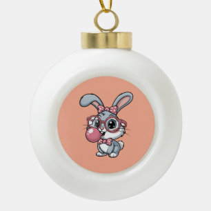 Knuffelkonijn met bril die bubbelgom blaast keramische bal ornament