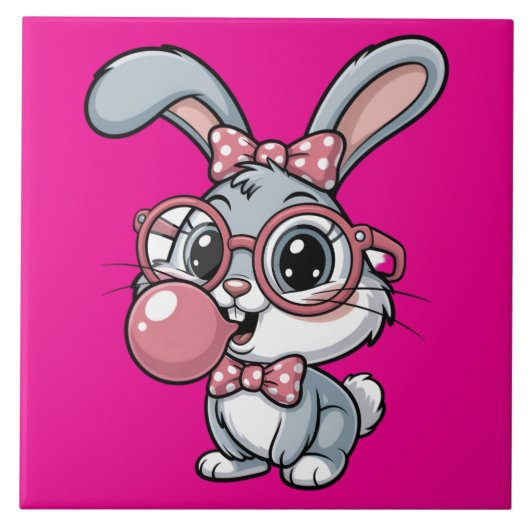 Knuffelkonijn met bril die bubbelgom blaast tegeltje (Voorkant)