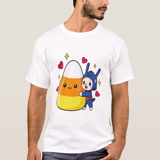 Knuffelkonijn met candy corn t-shirt (Voorkant)