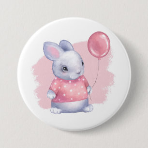 Knuffelkonijn met roze ballon ronde button 7,6 cm