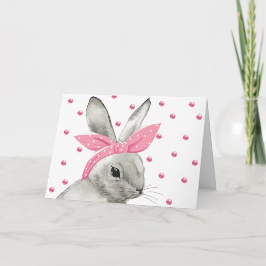 Knuffelkonijn met roze strik kaart (Voorkant)