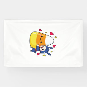 Knuffelkonijn met snoepmais spandoek