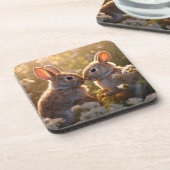 Knuffelkonijnen in lenteweide ontwerp bier onderzetter (Linkerzijde)