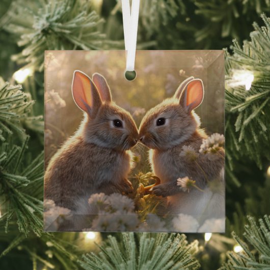 Knuffelkonijnen in lenteweide ontwerp glas ornament (Insitu)