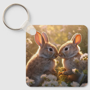 Knuffelkonijnen in Lenteweide Ontwerp Sleutelhanger