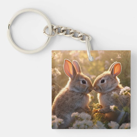 Knuffelkonijnen in Lenteweide Ontwerp Sleutelhanger (Voorkant)