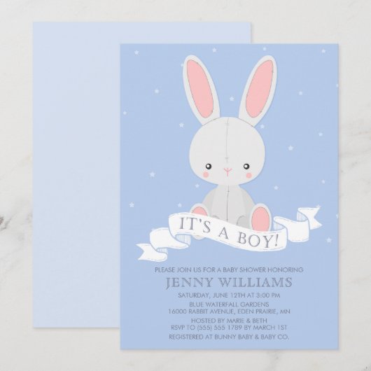 Knuffelkonijnenjongen Baby shower uitnodiging (Voorkant / Achterkant)