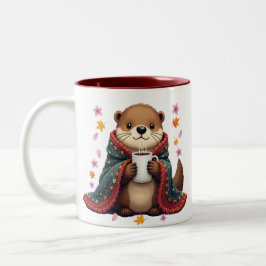 Knuffelotter - Otter in deken met koffie & herfst Tweekleurige Koffiemok