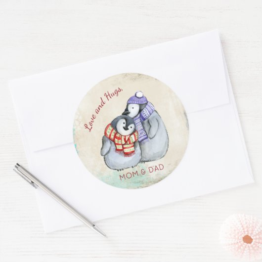 Knuffelpinguïns Kerstmis Custom Ronde Sticker (Envelop)