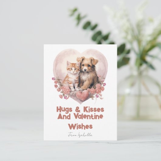 Knuffels en kussen Kat Hond Valentijn Roze kaart (Staand voorkant)