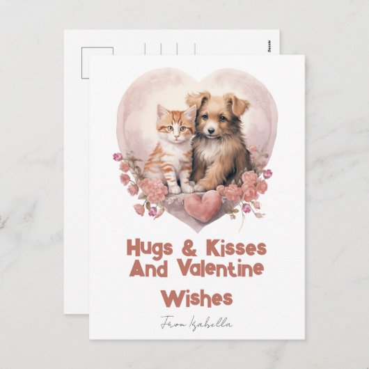 Knuffels en kussen Kat Hond Valentijn Roze kaart (Voorkant / Achterkant)