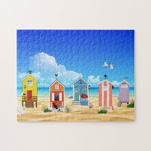 Knuffels in een kleurrijke lijn op het strand legpuzzel (Horizontaal)