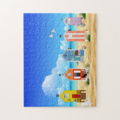 Knuffels in een kleurrijke lijn op het strand legpuzzel (Verticaal)