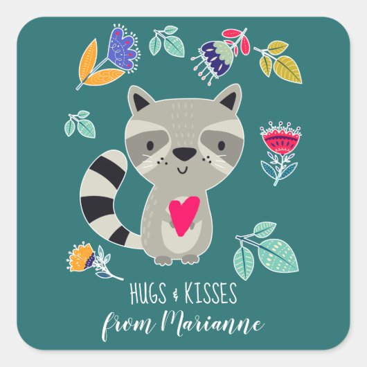 Knuffels & Kisses Grappige Raccoon Custom Valentij Vierkante Sticker (Voorkant)