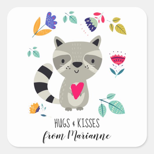 Knuffels & Kisses Grappige Raccoon Valentijnsdag Vierkante Sticker (Voorkant)