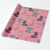 Knuffels op Roze Flamingo Inpakpapier (Uitgerold)