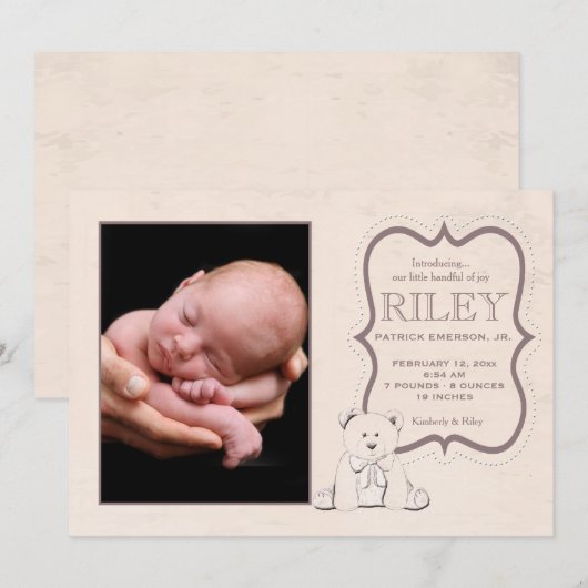 Knuffelteddybeer foto geboorte aankondiging (Voorkant / Achterkant)