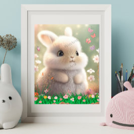 Knuffelwit konijn in bloementuin Kunst nursery Poster