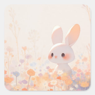 Knuffelwit Konijn in Zachtroze Wilde Bloemen Vierkante Sticker