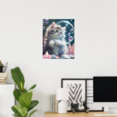 Knuffelwitte kat speelt met bellen kunst nursery poster (Thuiskantoor)