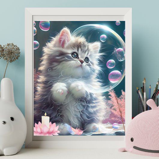 Knuffelwitte kat speelt met bellen kunst nursery poster