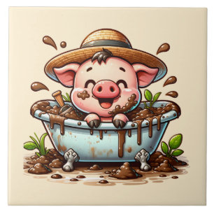 Knuffig varken in een modderbad badkamer tegeltje