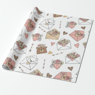 Knuffige Beer en Hartjes -- Pastelkleurige Kinderk Cadeaupapier